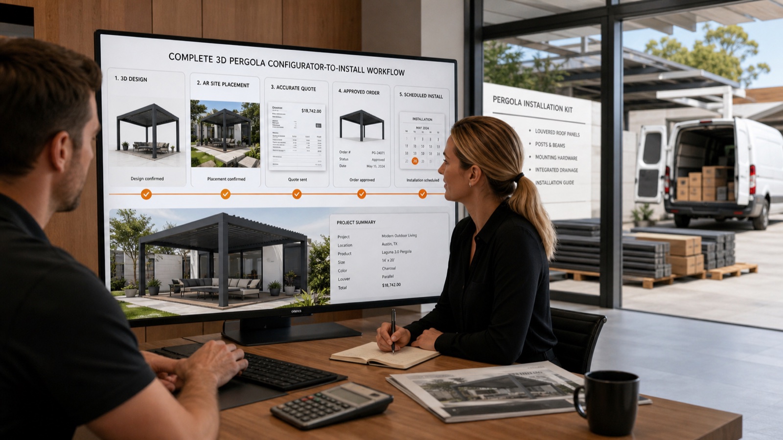 Pergola project moving through 3D design, AR placement, quote approval and scheduled installation