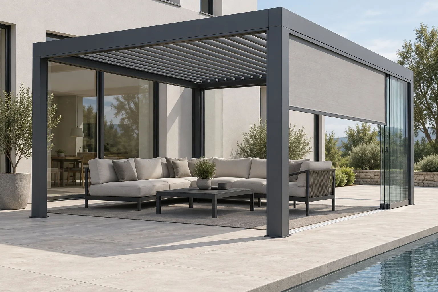 3D view of a configurable awning used to explain France: custom 3D configurator software and rollout.