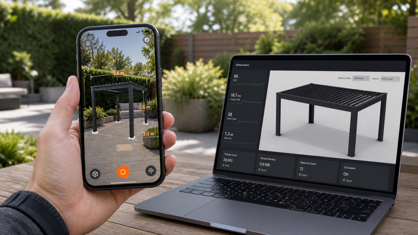 Optimized mobile augmented reality pergola preview aligned with a customer patio