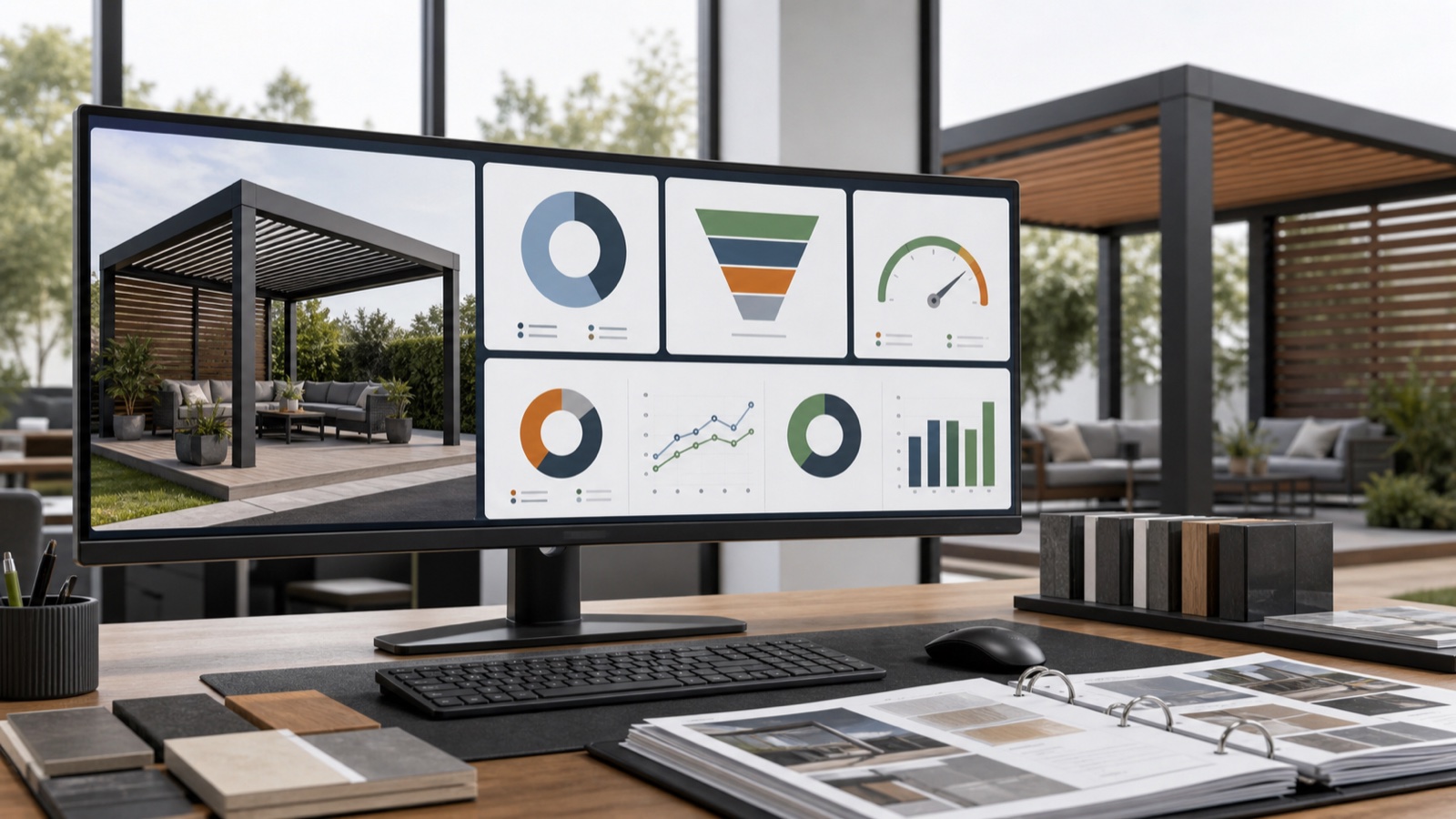 Pergola configurator analytics dashboard with seven sales and operations performance indicators