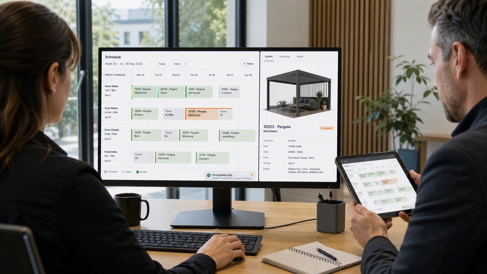 Shared pergola installation calendar coordinating crews, travel and configured project details