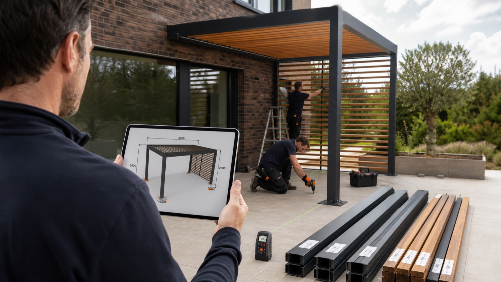 Pergola installers matching labeled components and site measurements to an accurate 3D model