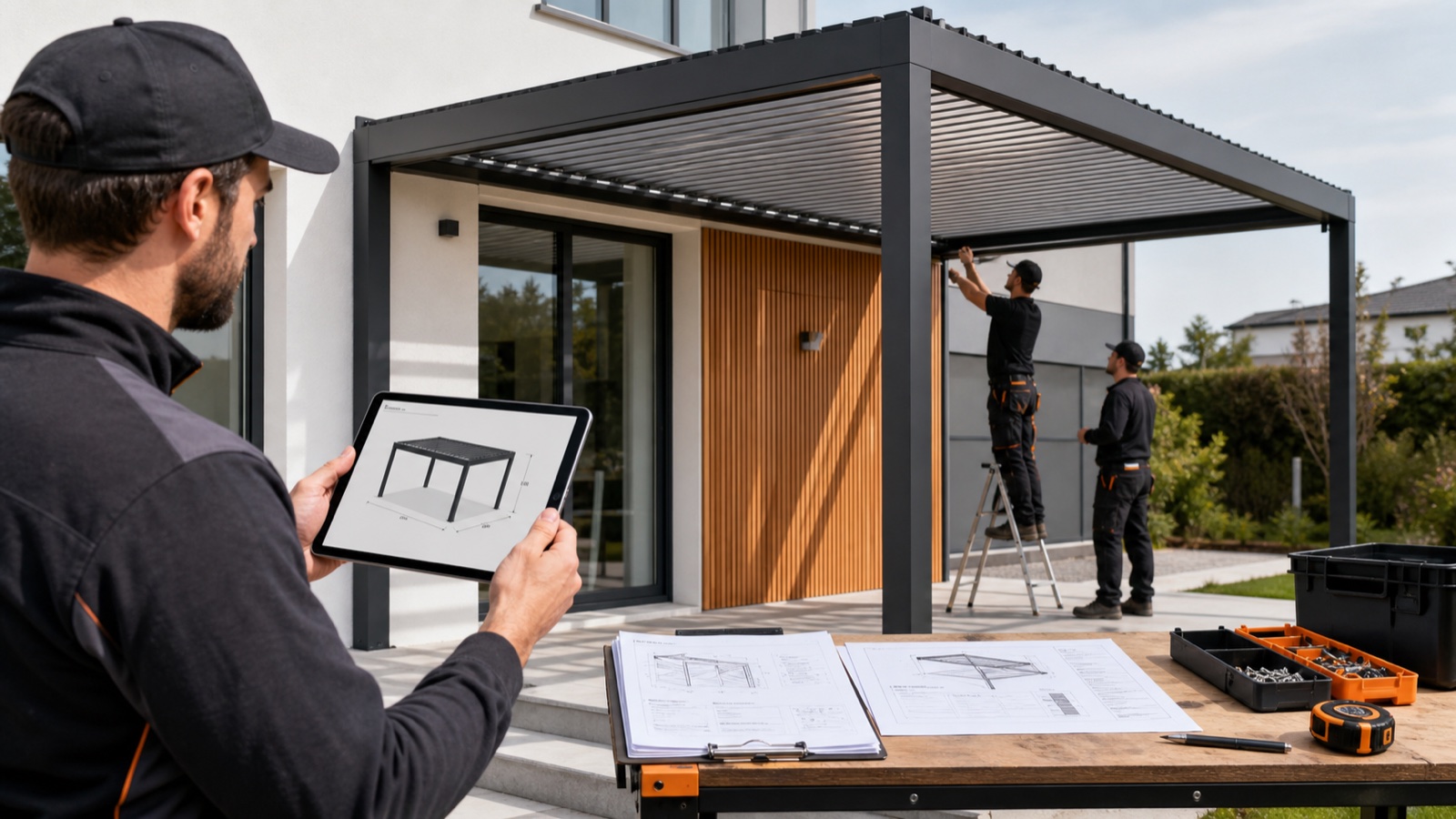 Pergola installation crew using configurator-generated drawings and a dimensioned 3D model on site