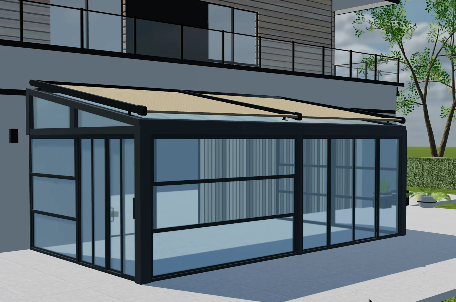 3D preview of a dark-framed glass garden room with a cream roof covering beside a house.