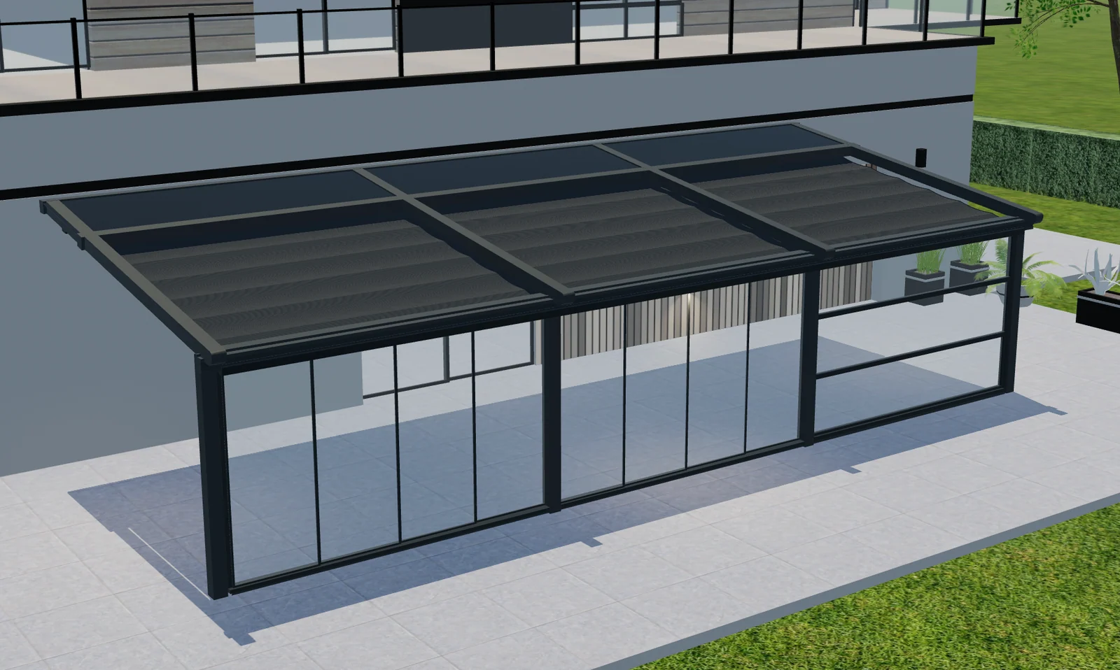 Elevated 3D preview of a dark-framed pergola showing roof panels and a glazed front elevation.