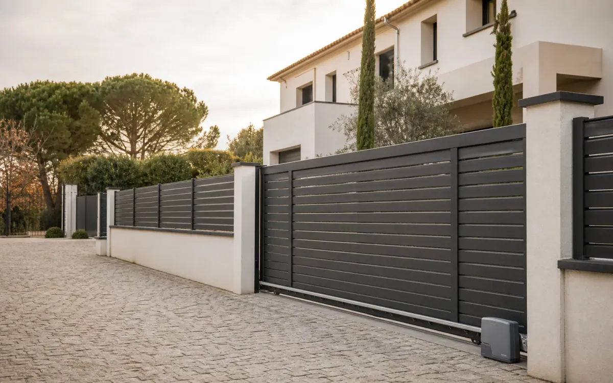 Anthracite sliding driveway gate and matching fence panels beside a house, architectural visualization