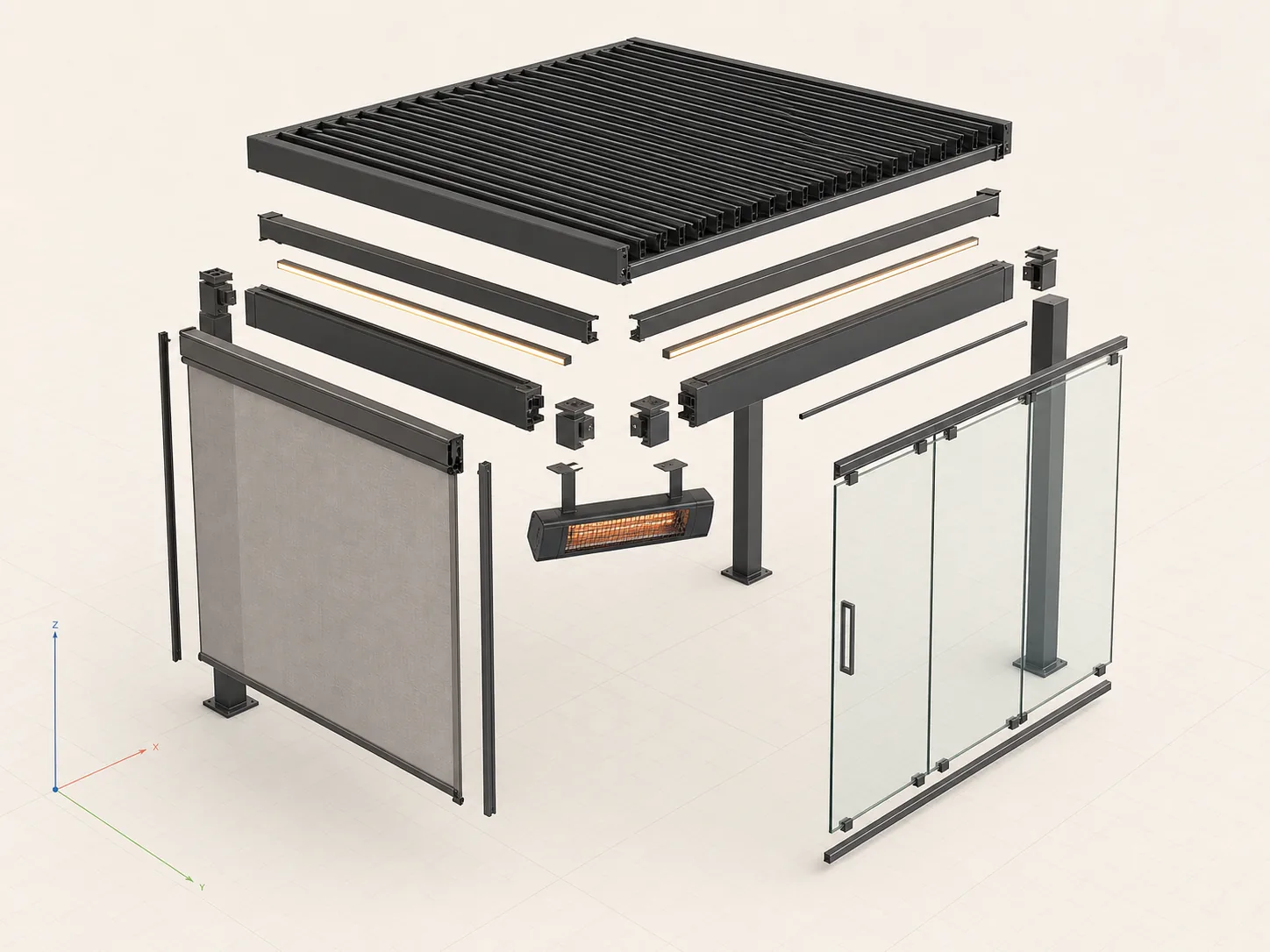 Exploded CAD view of a configurable pergola frame, louvered roof, screen, glass wall, lighting and heater